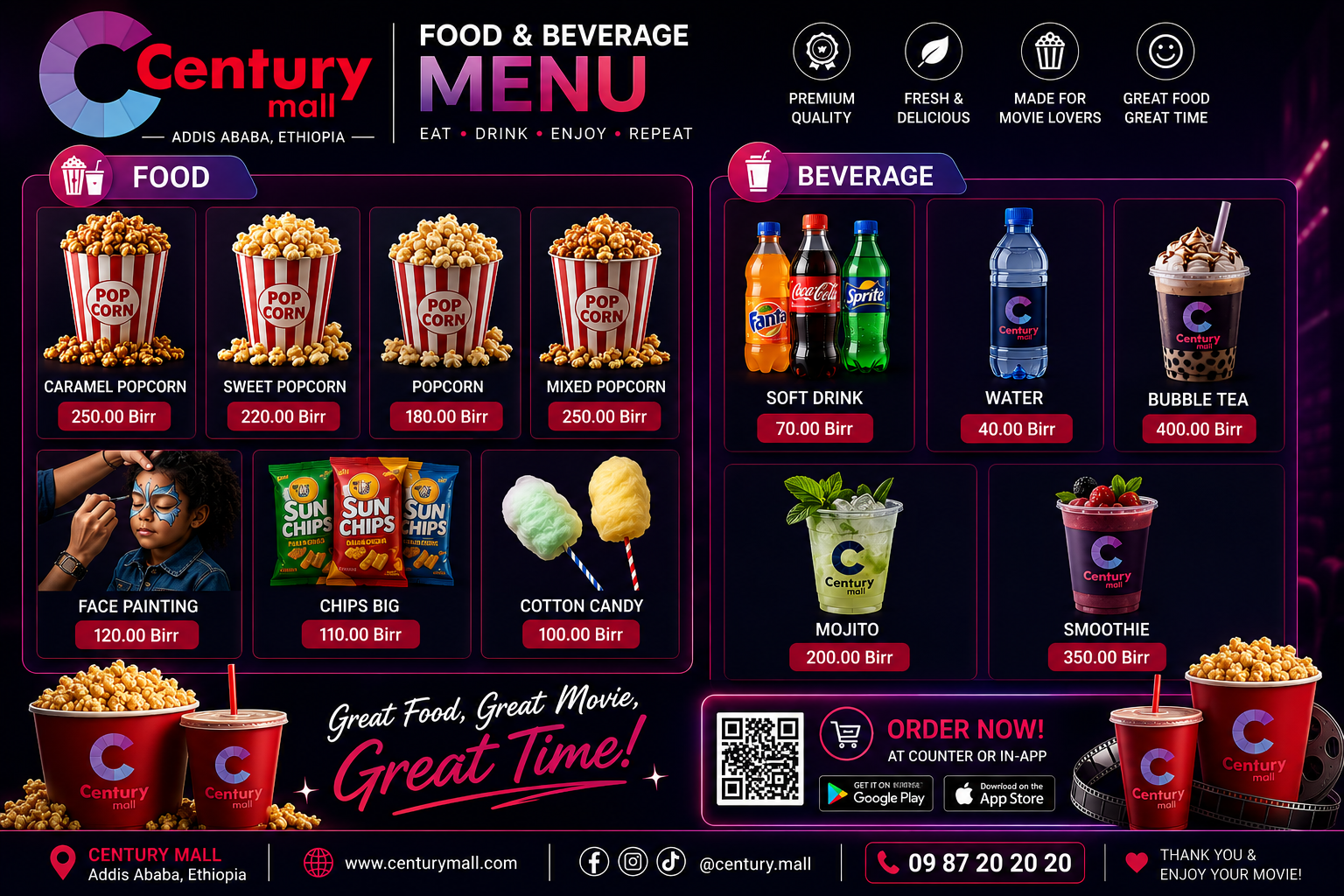 Century Mall Food & Beverage Menu, popcorn, chips, soft drinks, bubble tea & more